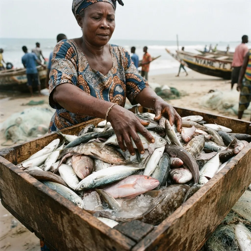 A woman sorting a mixed crate of fish by hand, no grading equipment or labels in sight, fish priced by eye and by size