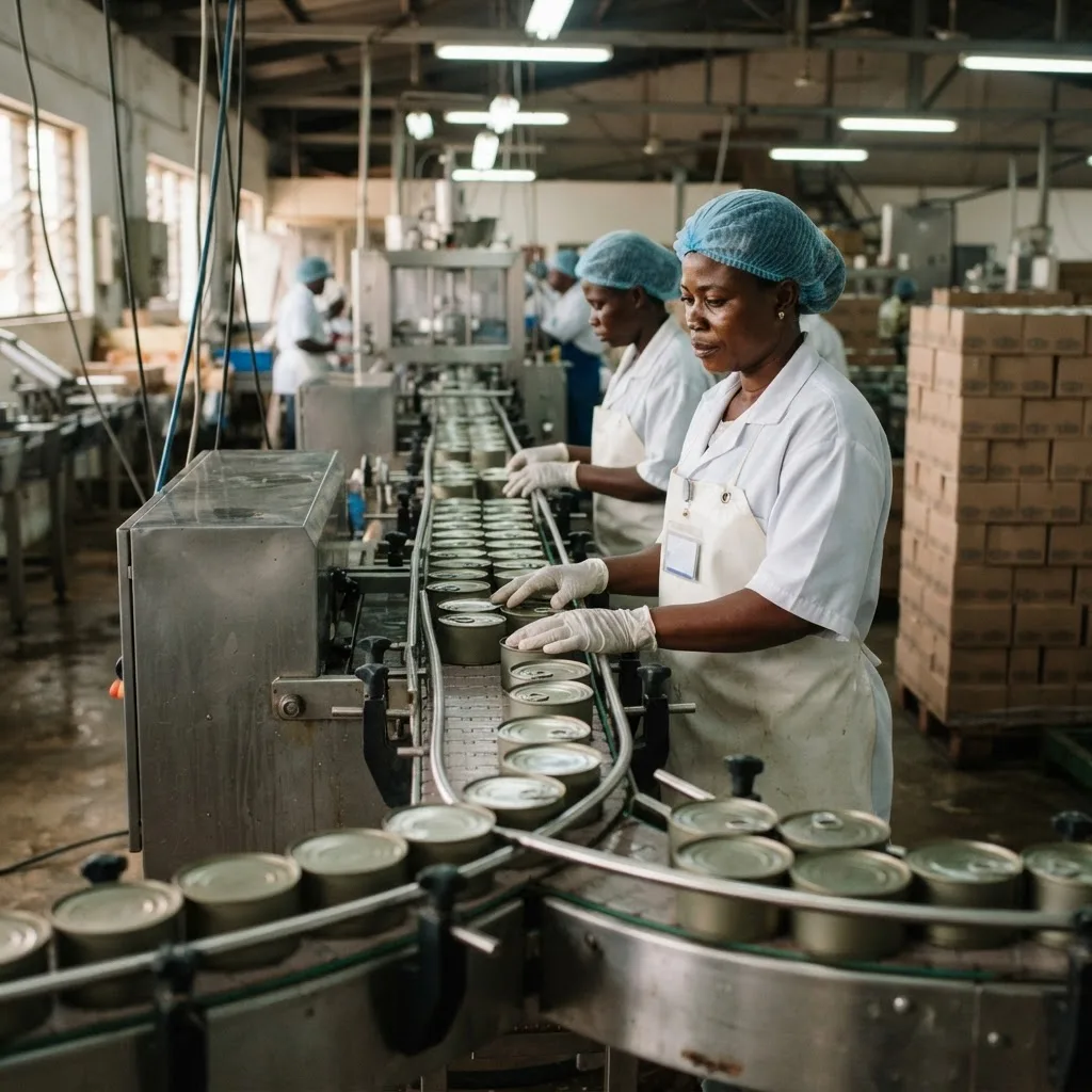 Workers in hairnets and aprons packing canned tuna at a conveyor line inside a Tema canning factory, cartons stacked behind them
