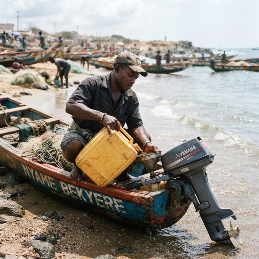 A fisherman pouring premix fuel from a yellow gallon through a funnel into the outboard motor of a canoe on a Ghanaian landing beach