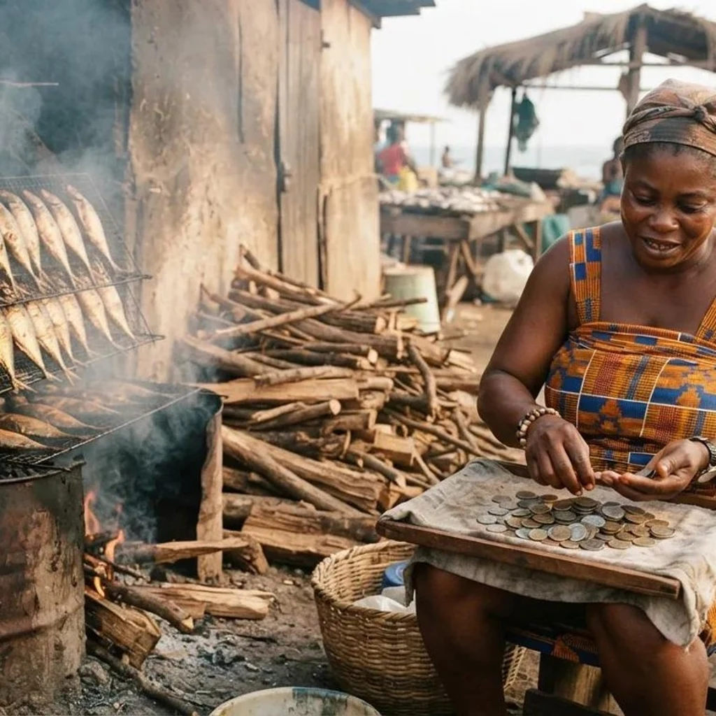 A Ghanaian fish processor counting coins on a tray beside a smoking oven loaded with racks of fish and a stack of firewood