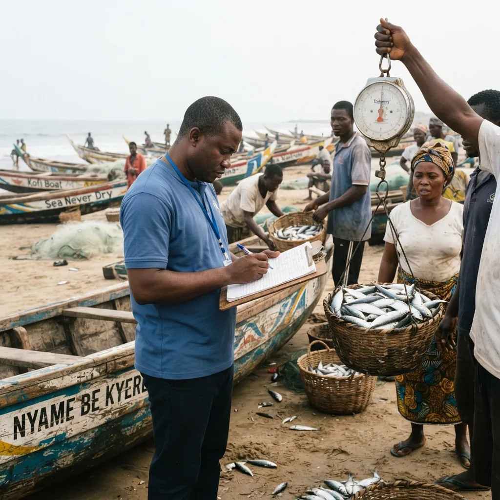 A fisheries officer with a clipboard recording a catch as a trader weighs a basket of small pelagic fish on a hanging scale at a landing beach