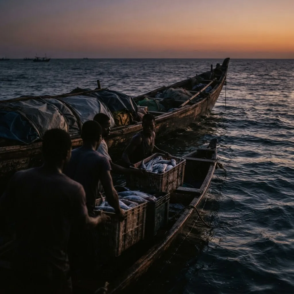 Fishermen at dusk lifting plastic crates of small fish from a canoe at sea, a larger vessel visible on the horizon