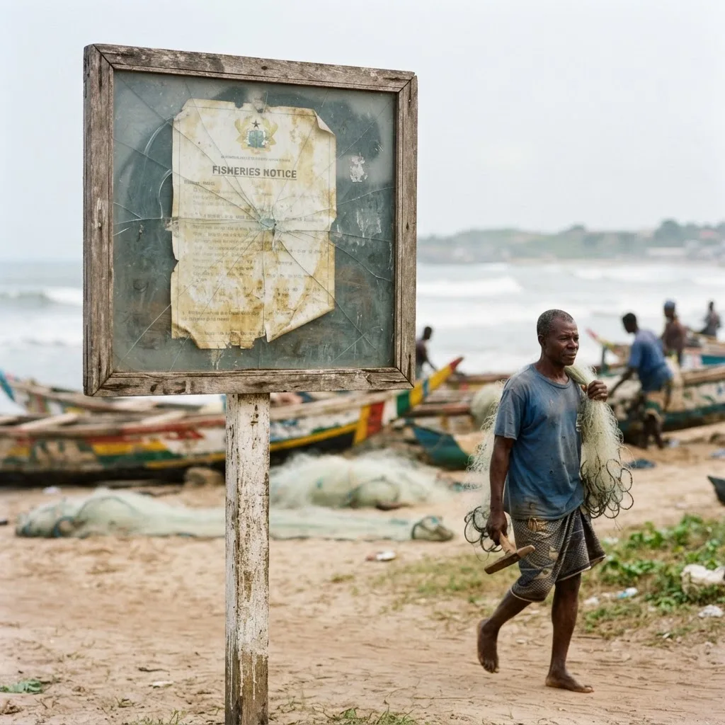 A weathered fisheries notice board with a torn official notice behind cracked glass on a Ghanaian beach, a fisherman carrying nets past it