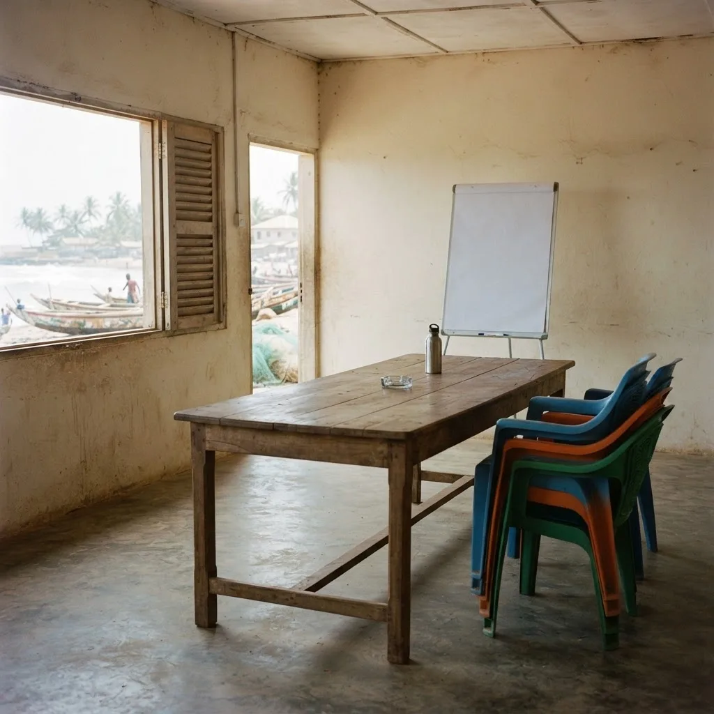 An empty coastal meeting room with a bare whiteboard, a plain table and stacked plastic chairs, boats visible through the window
