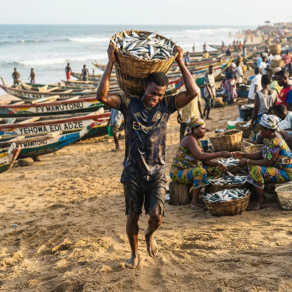 A man straining to carry a heavy basket of fish on his head across a crowded landing beach, past women trading at ground level