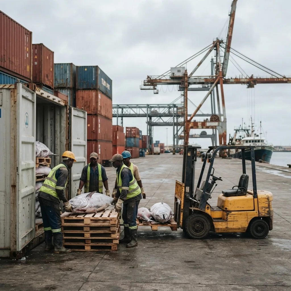 Dockworkers loading whole tuna onto pallets beside shipping containers and a forklift at a Ghanaian port, a cargo vessel behind them