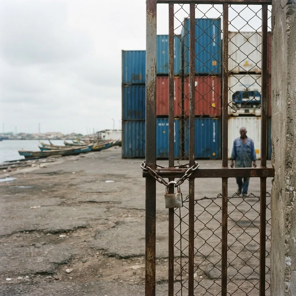 A locked gate with a padlock and chain in front of stacked shipping containers at a Ghanaian port, a worker visible beyond the fence, canoes drawn up on the beach behind