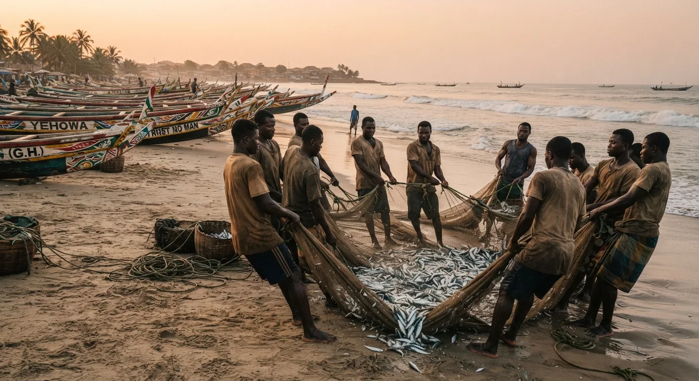 A line of painted wooden canoes drawn up on a Ghanaian beach at first light, crew hauling a purse-seine net of small pelagic fish ashore, documentary photograph