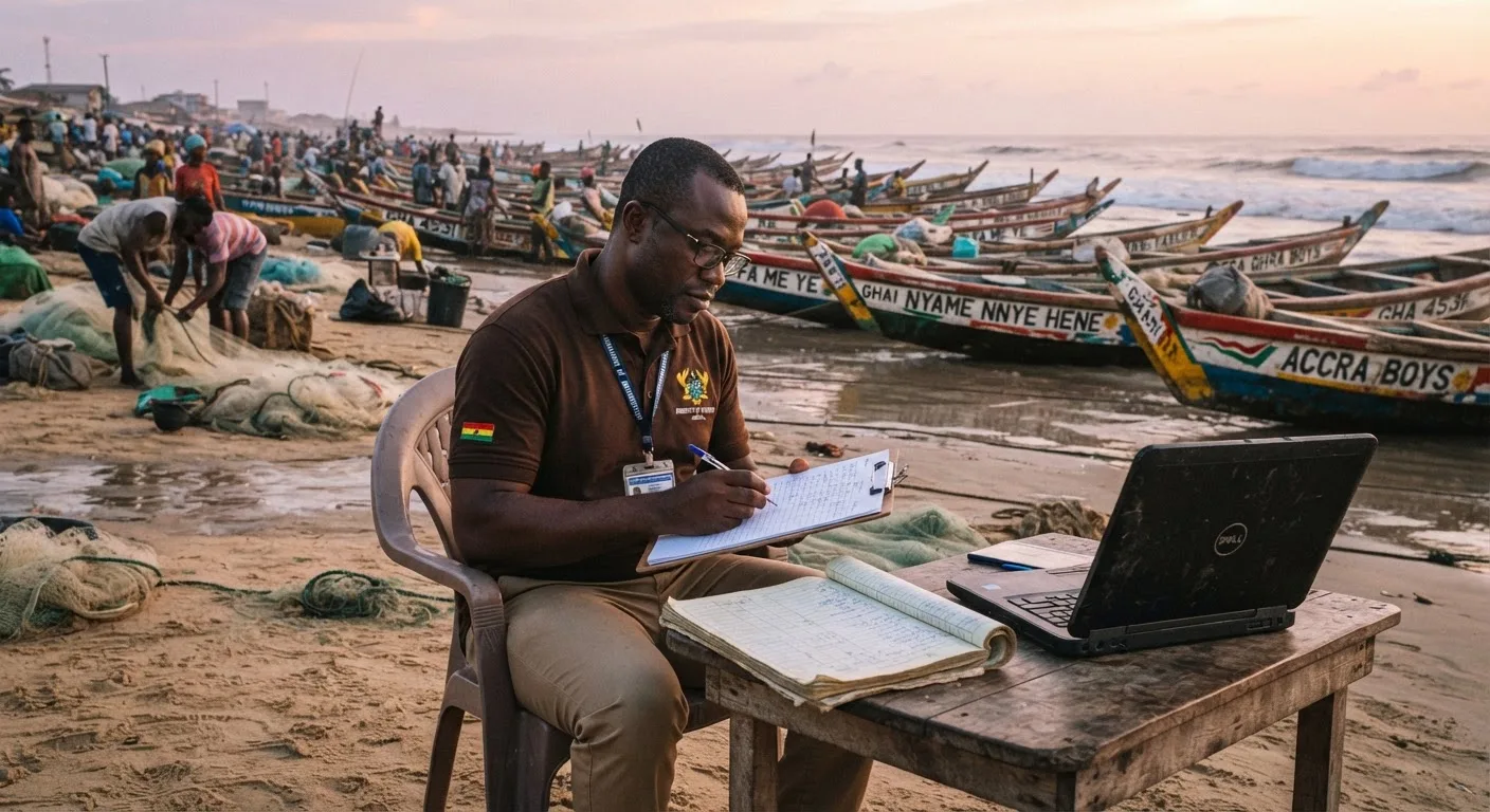 A fisheries officer with a clipboard counting canoes on a crowded Ghanaian landing beach at dawn, a decade-old survey ledger beside a laptop, documentary photograph