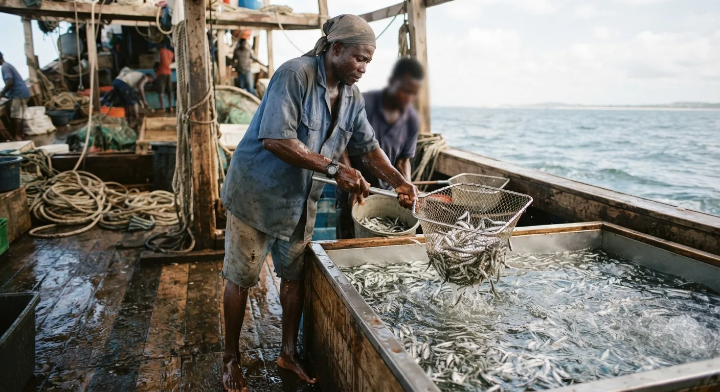 A pole-and-line crew member scooping small live anchovy and juvenile sardinella bait from a live-bait tank aboard a tuna vessel, documentary photograph