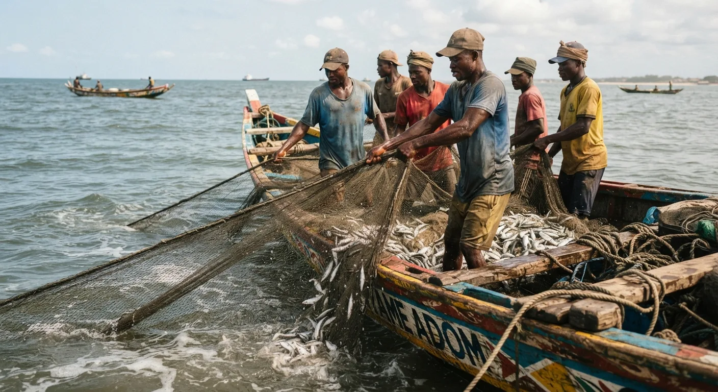 A Ghanaian purse-seine crew hauling a long, fine-mesh net over the gunwale of a canoe, few fish visible in the catch, documentary photograph