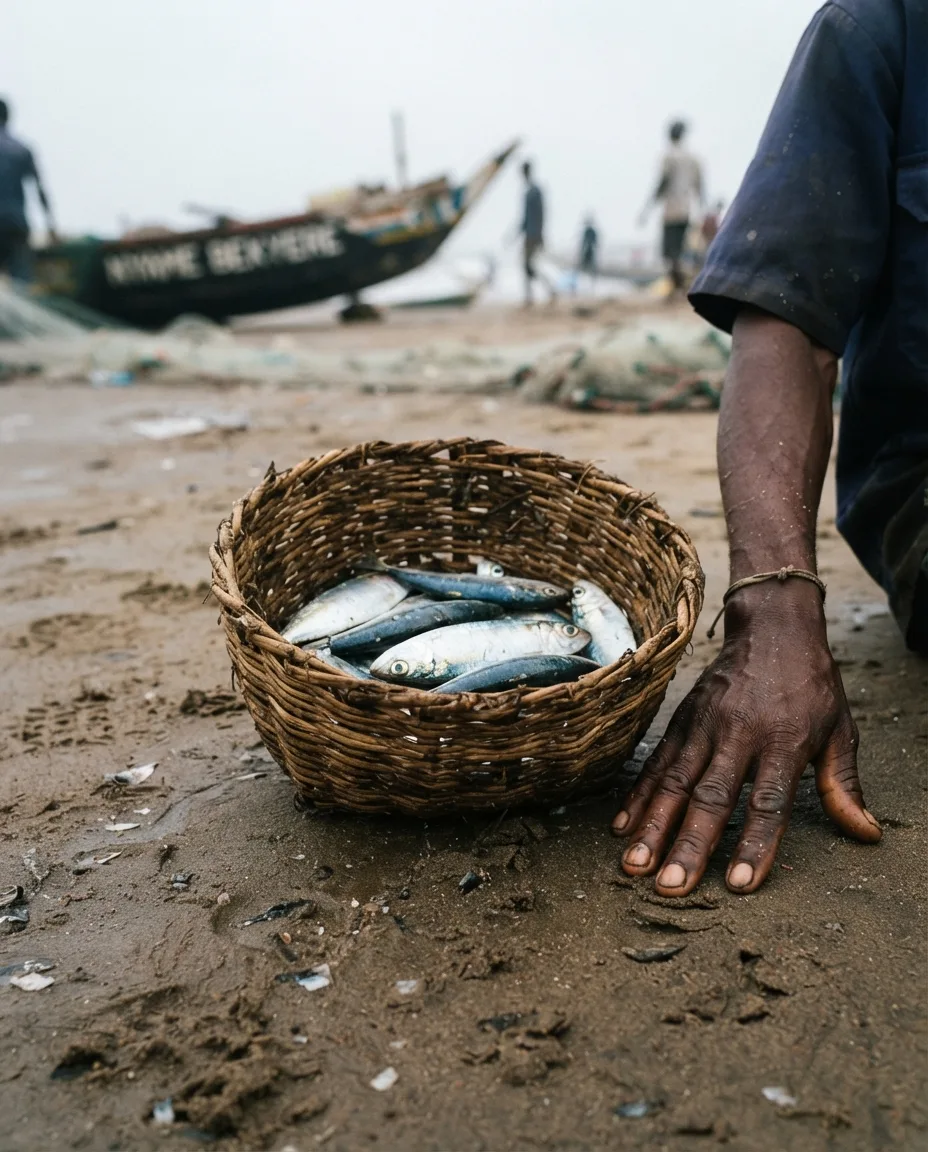 A small woven basket holding a thin catch of round sardinella on wet sand at a Ghanaian landing beach, a fisherman's hand resting beside it