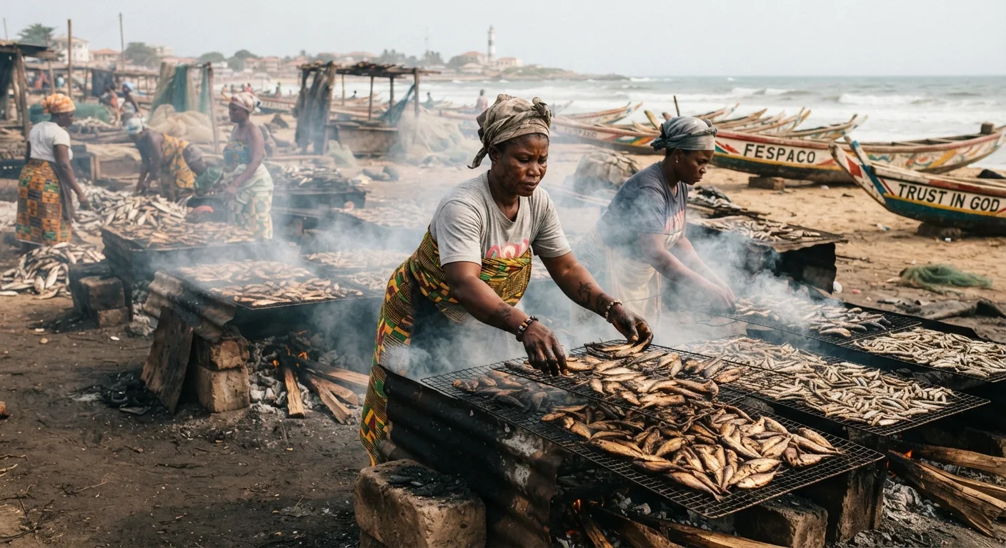 Women smoking small pelagic fish over traditional ovens at a Ghanaian landing beach, racks of round sardinella and anchovy, documentary photograph