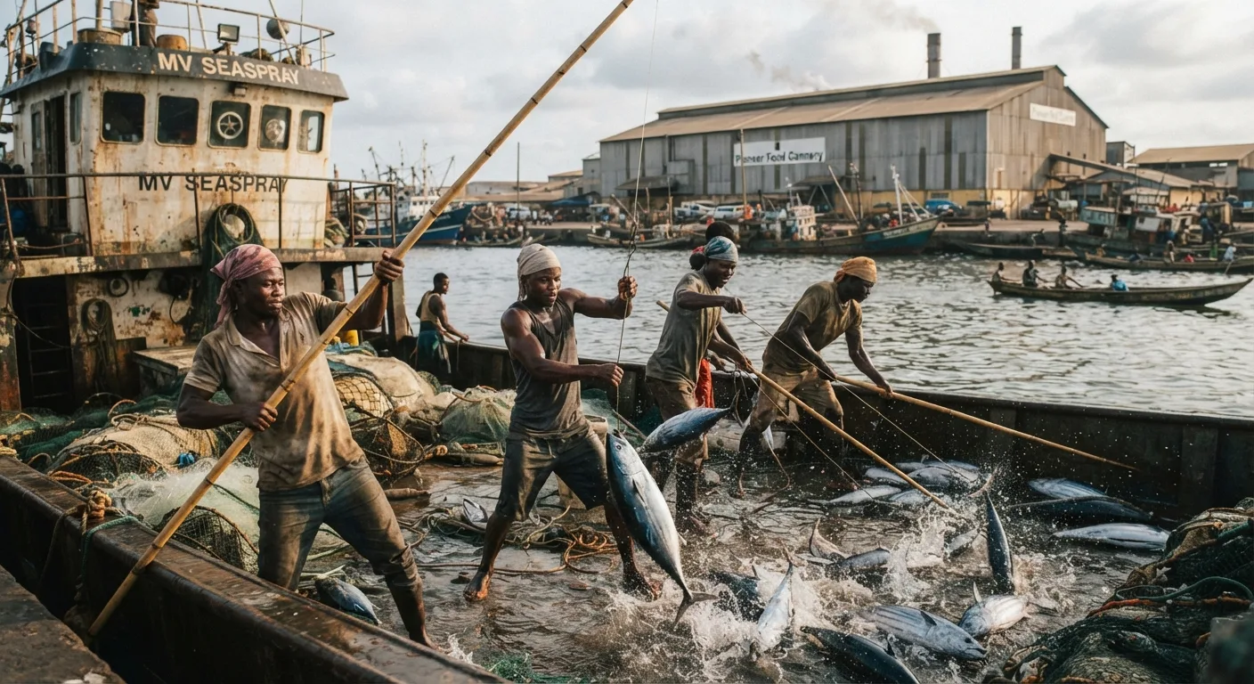 An industrial pole-and-line tuna vessel at Tema harbour, crew hauling skipjack tuna aboard, canning factory in the background, documentary photograph