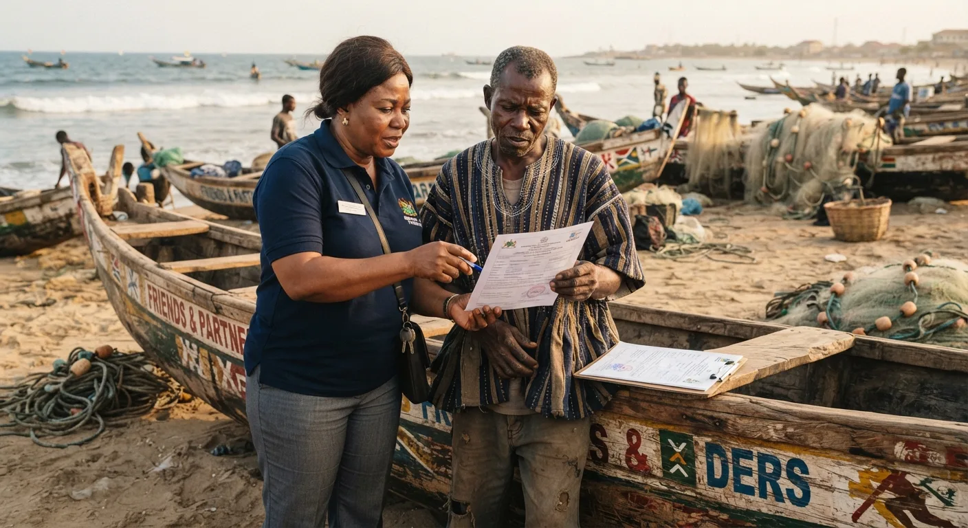 A Fisheries Commission officer showing a licence document to a fisherman beside a beached canoe painted Friends & Partners, other boats and crews on the beach behind them, documentary photograph