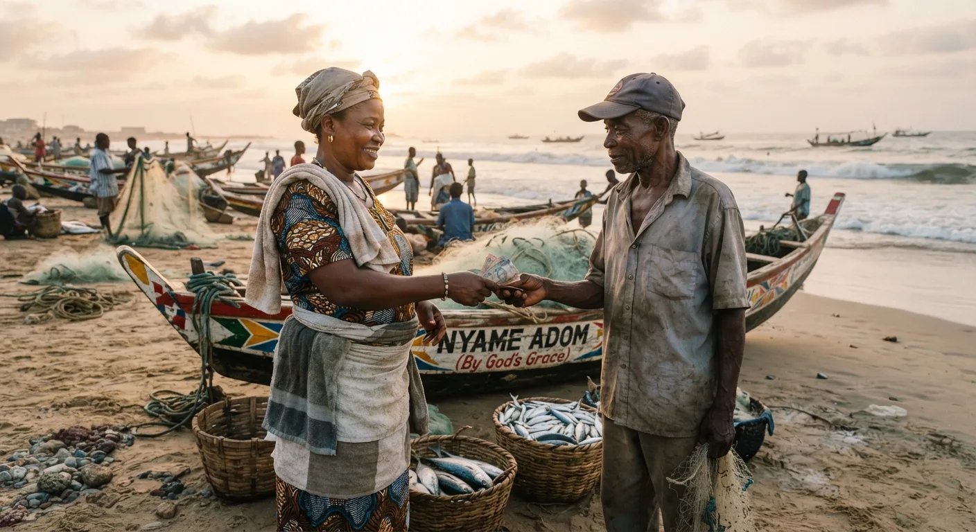 A Ghanaian fishmonger woman handing cash to a fisherman for a basket of small pelagic fish beside a beached canoe named Nyame Adom, sunset over other canoes and crews behind them, documentary photograph