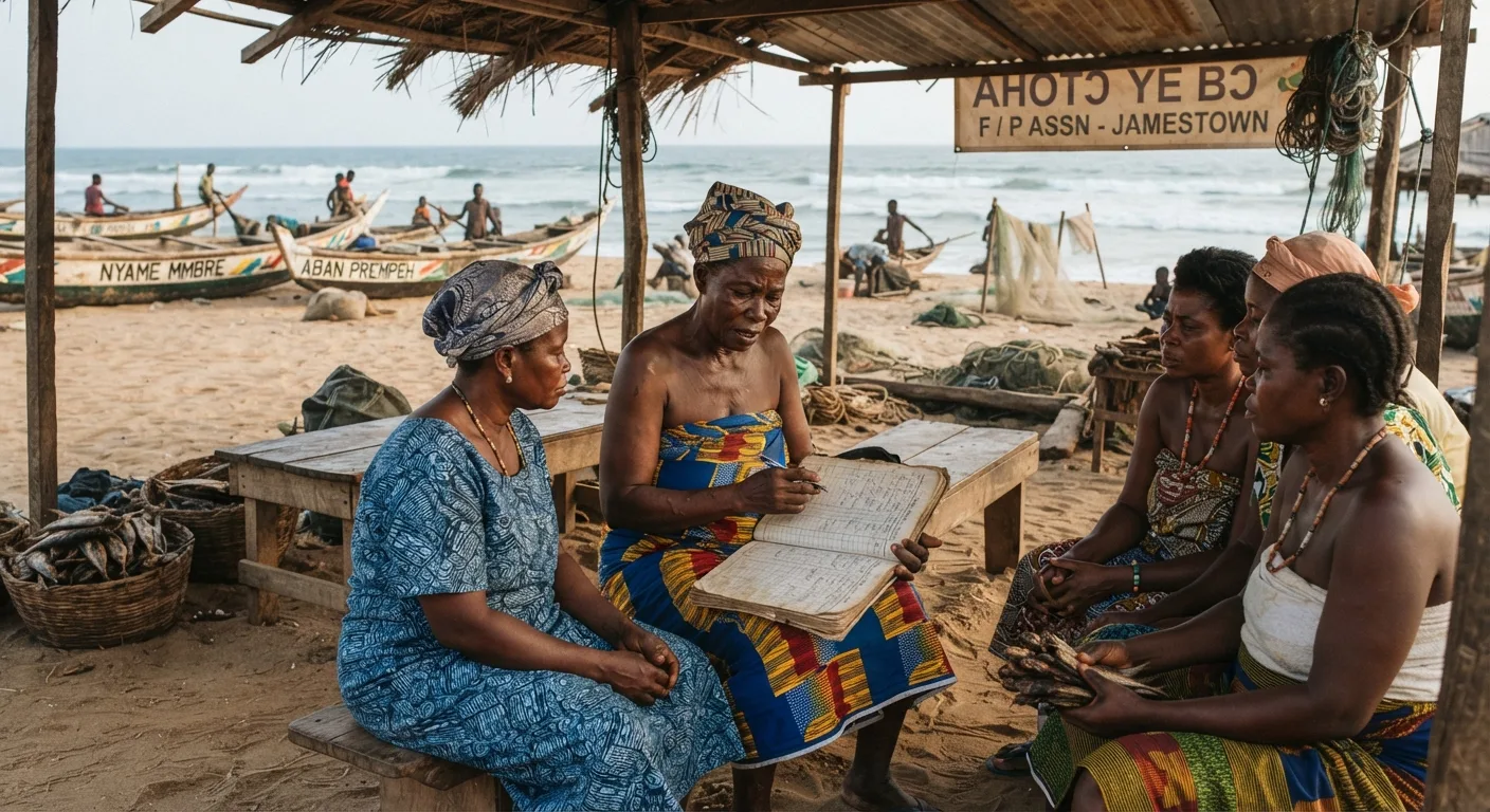 A group of women fish processors and traders at a beach association meeting under a thatched shelter, one holding open a handwritten ledger book, a sign reading Ahoto Ye Bo F/P Assn Jamestown behind them, documentary photograph