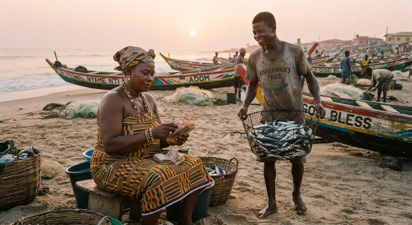A Ghanaian fishmonger woman counting cedi banknotes while a canoe crew member holds a basket of small pelagic fish beside a beached canoe at dawn, documentary photograph