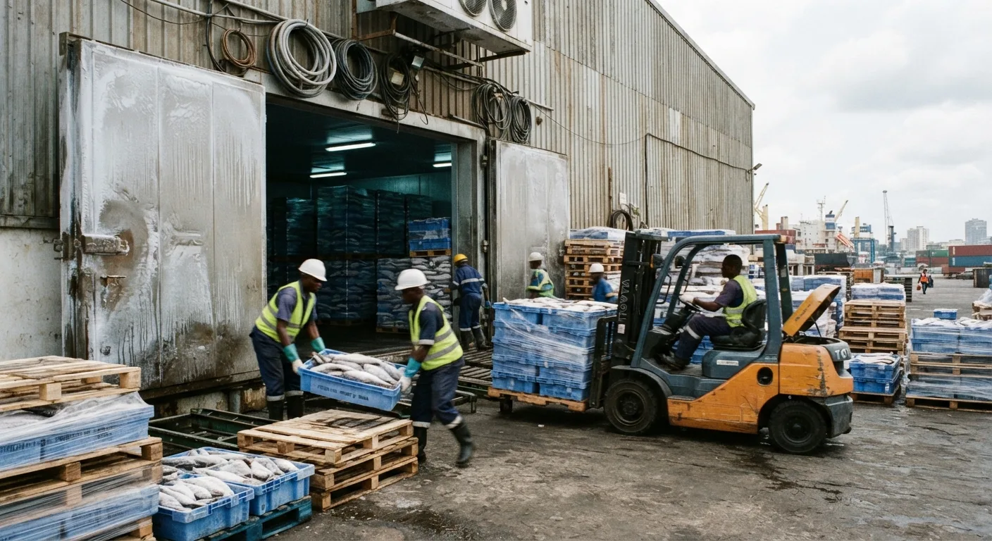 Workers loading crates of frozen fish into a cold-storage warehouse at Tema harbour, stacked pallets and a forklift, industrial refrigeration doors, documentary photograph