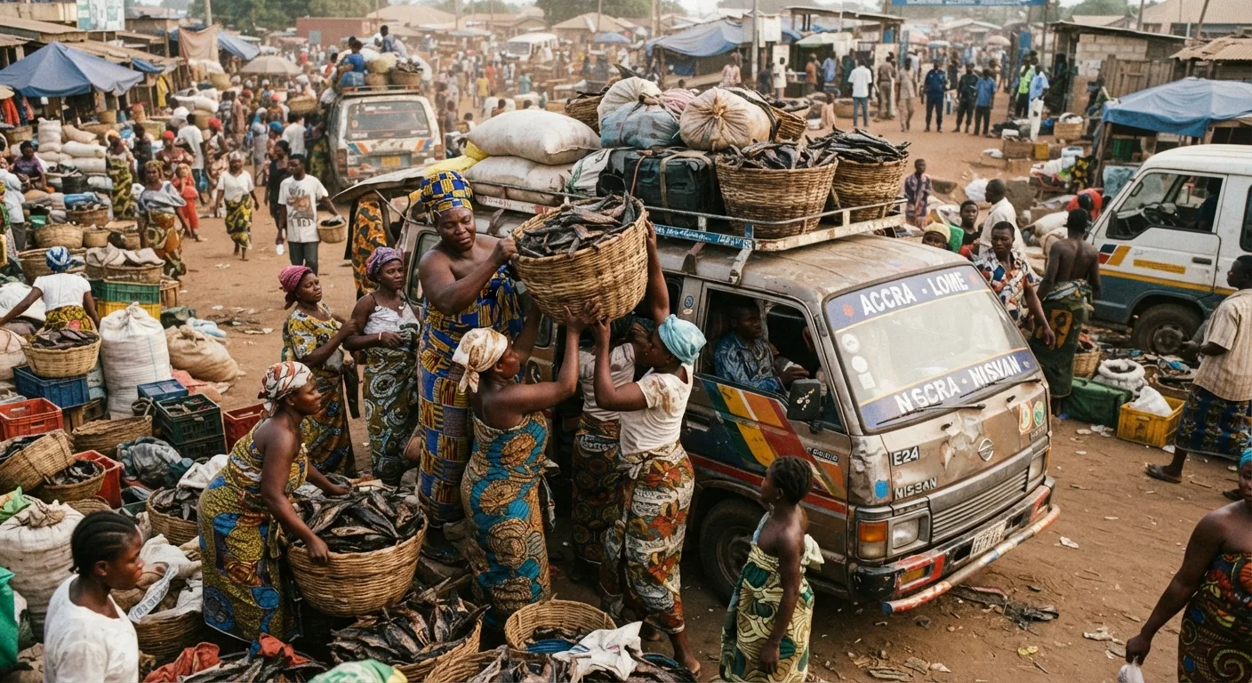Women traders loading baskets of smoke-dried fish onto a tro-tro minibus at a busy West African border crossing market, sacks and baskets stacked, documentary photograph
