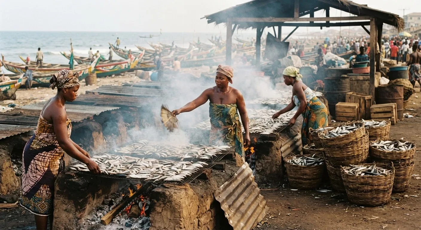 Women smoking small pelagic fish over traditional wood-fired ovens at a busy Ghanaian landing-beach processing area, racks of round sardinella, smoke rising, documentary photograph