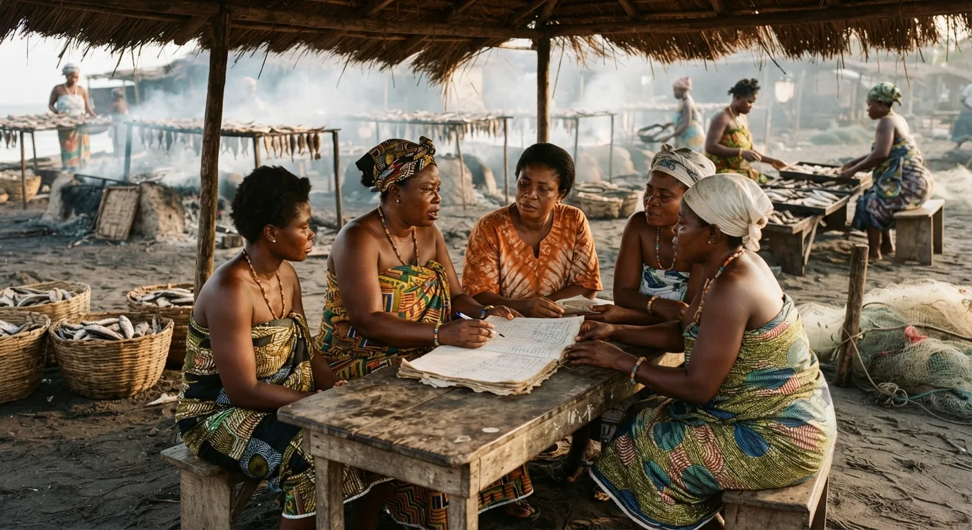A group of Ghanaian women fish processors and traders meeting under a thatched shelter beside smoking racks, discussing over a ledger book, documentary photograph