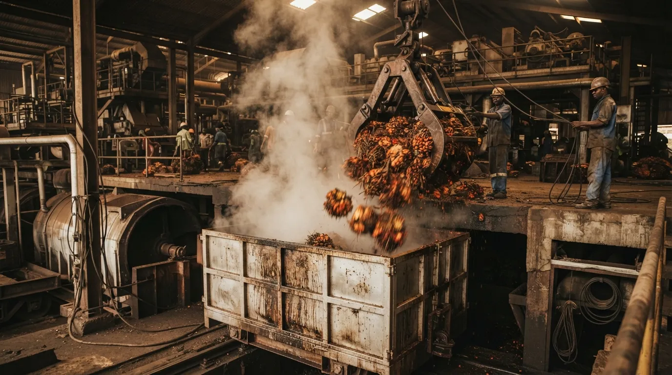 Fresh fruit bunches on the ramp of an industrial palm oil mill
