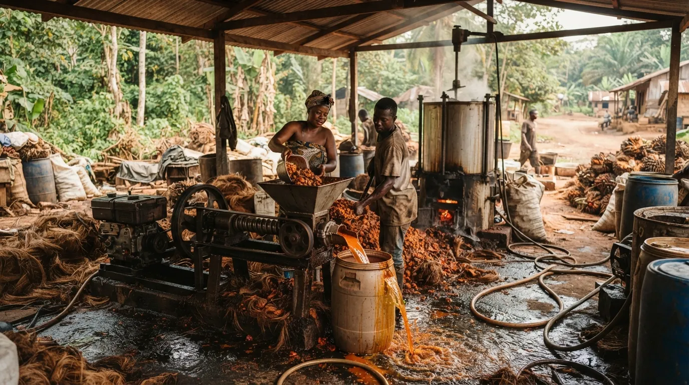 A small-scale mini palm oil mill with a mechanical press