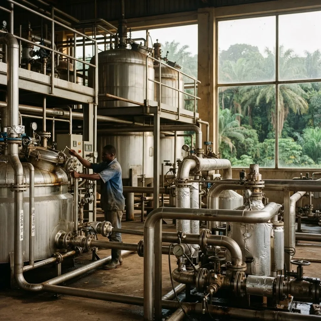 The stainless tanks and pipework of an industrial palm oil mill and refinery