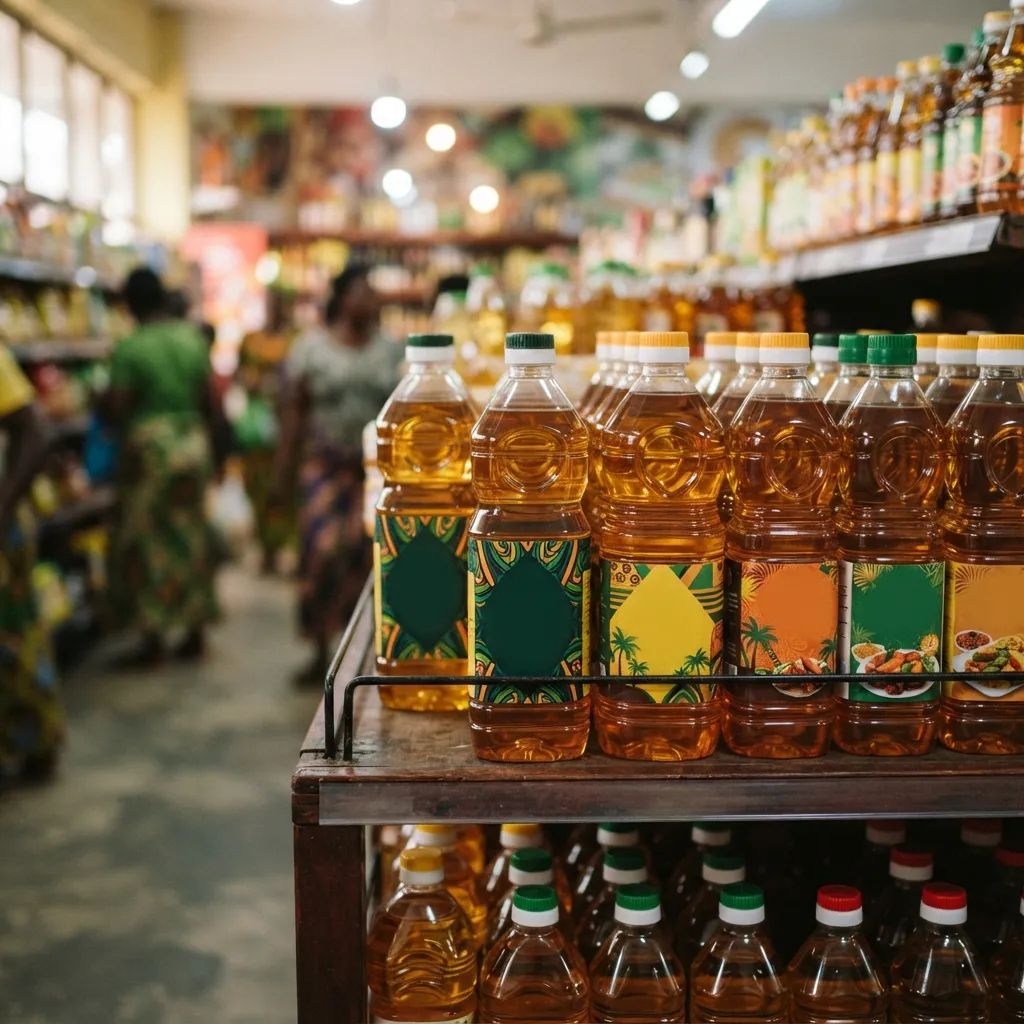 Bottles of branded refined golden cooking oil on a supermarket shelf