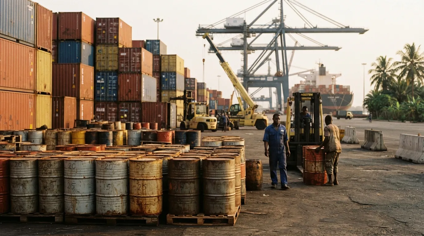 A cargo of imported refined vegetable oil in drums at a Ghanaian port