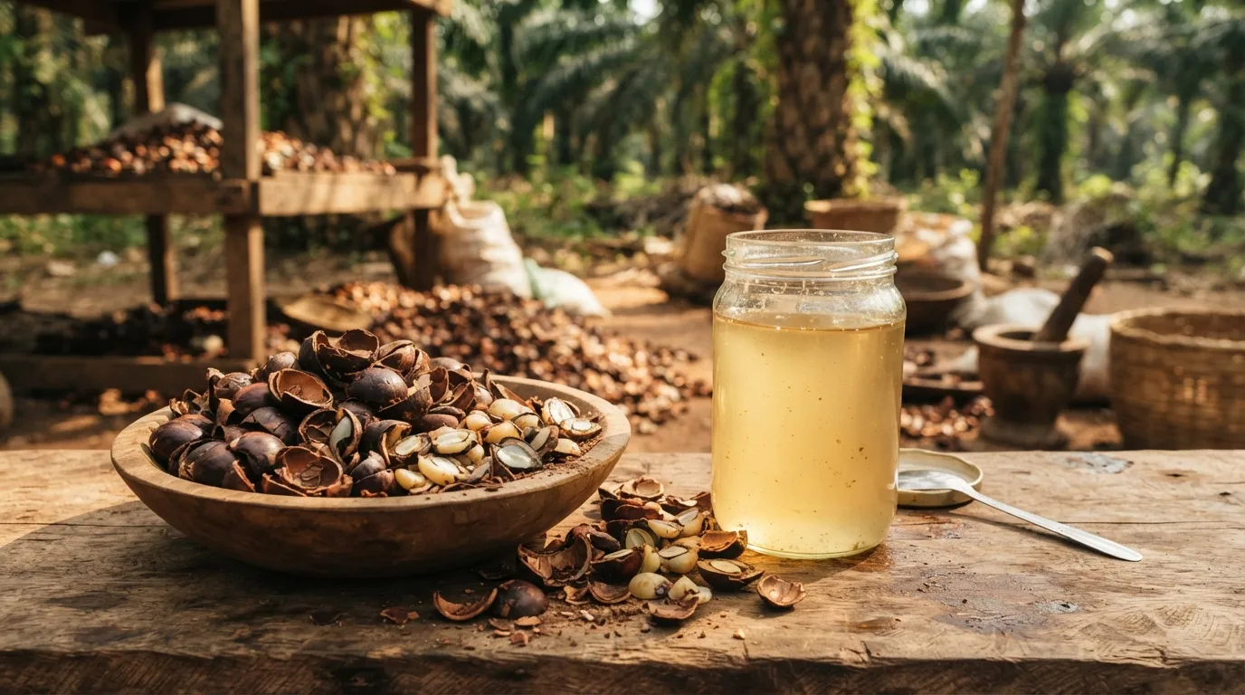 Cracked palm kernels and pale palm kernel oil, the richer by-product the mills discard