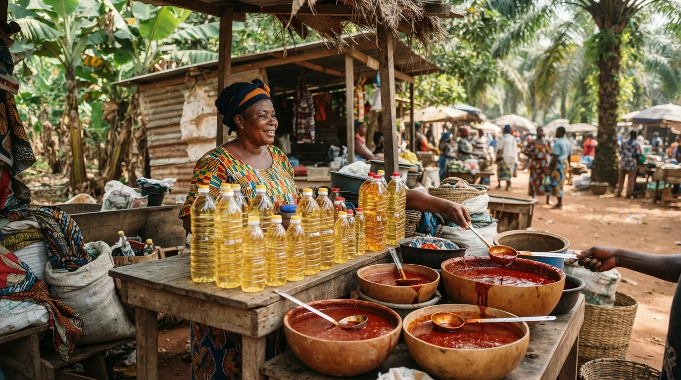 A busy Ghanaian open market with women selling red palm oil from bowls, bottles and tins