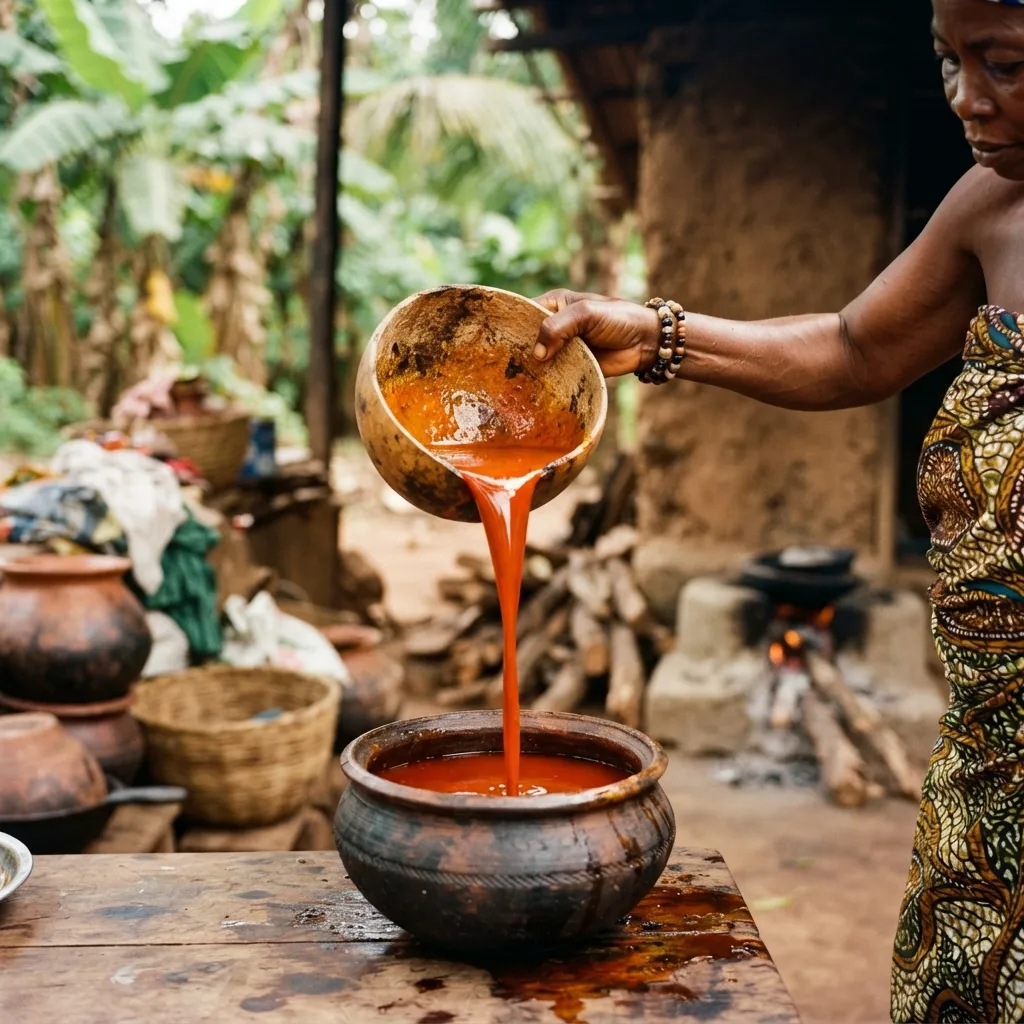Deep red artisanal palm oil in glass bottles and bowls at a market stall