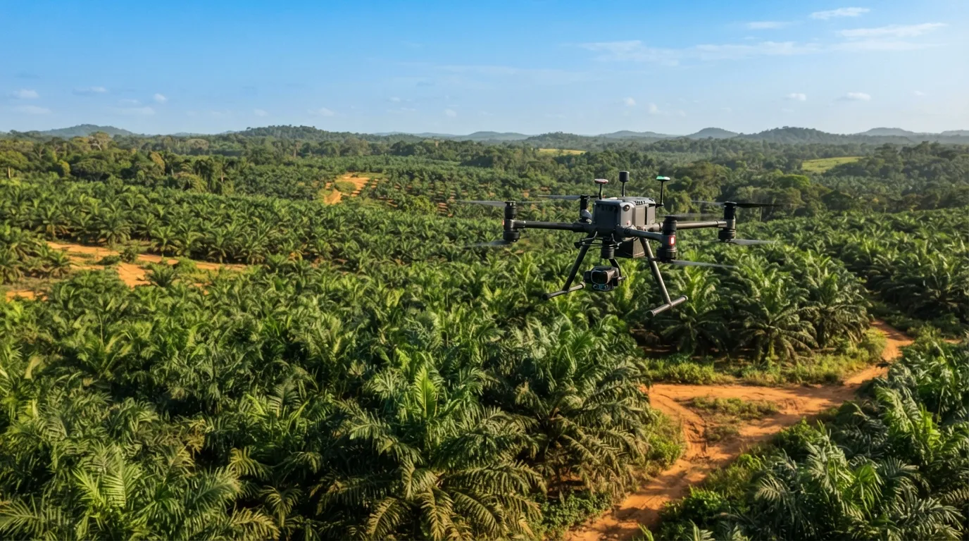A drone flying over an oil palm plantation for AI-assisted disease surveillance