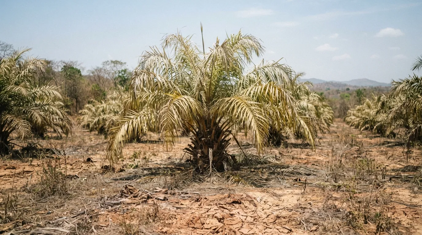 A drought-stressed oil palm block at the drier northern edge of the belt