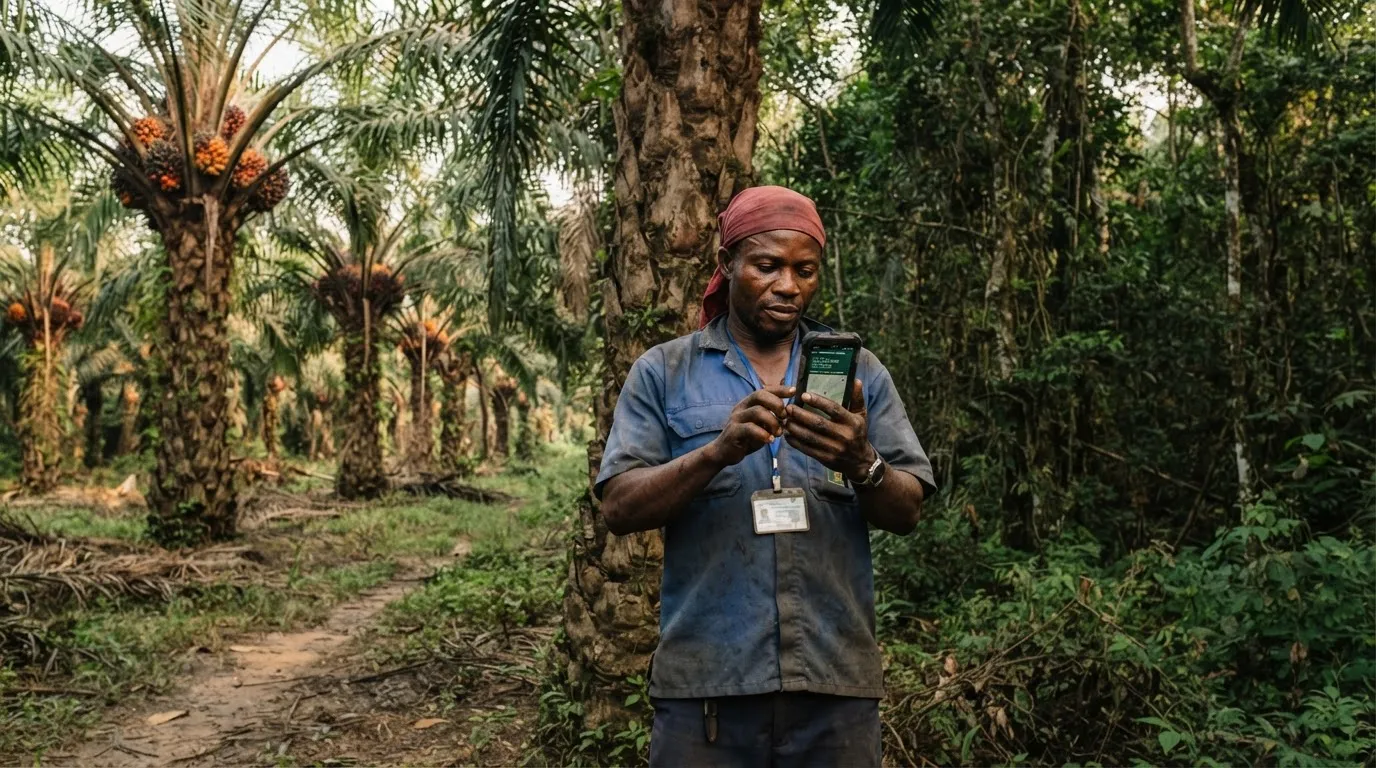 A mapped and geolocated oil palm smallholding shown on a satellite traceability screen