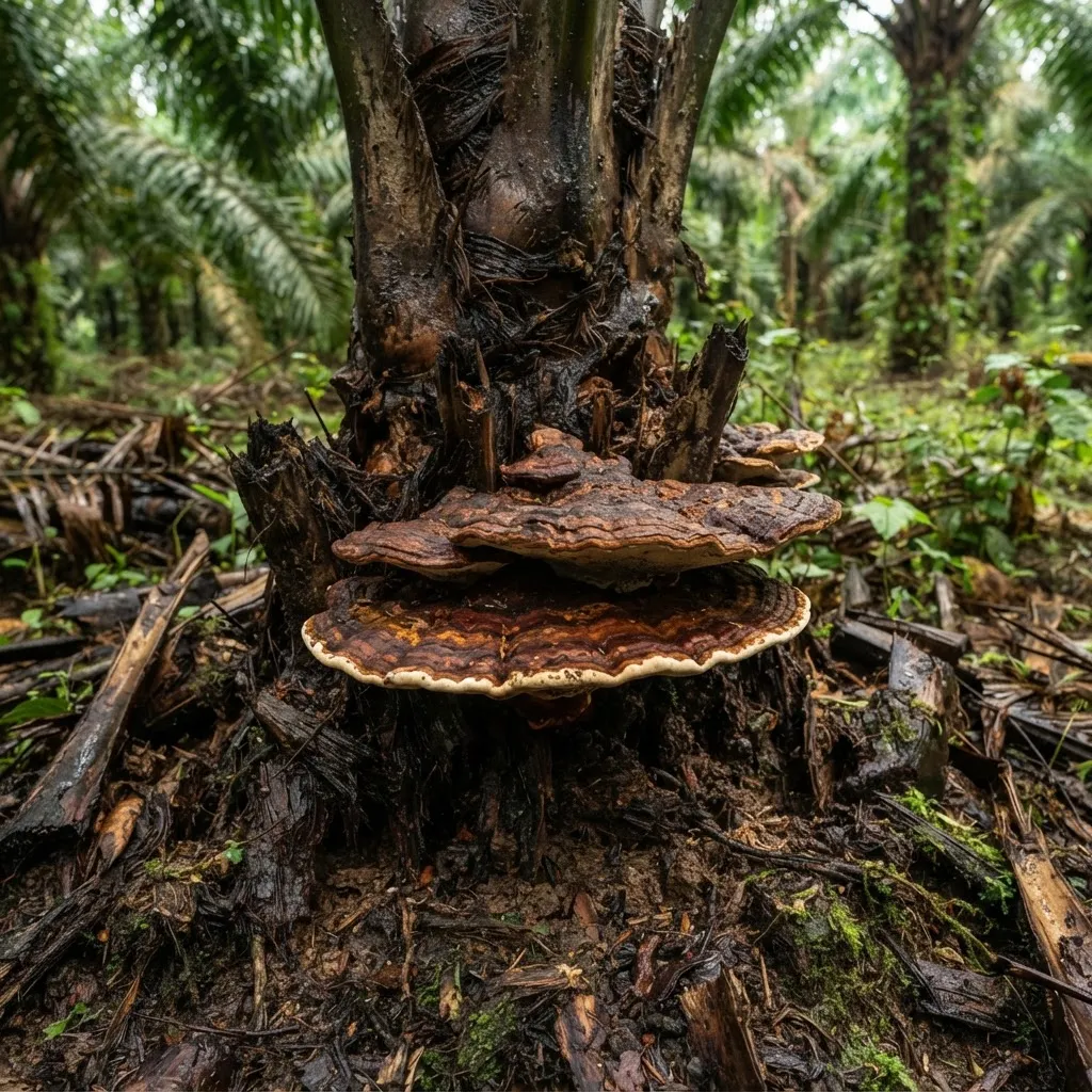 A leaning oil palm with a Ganoderma bracket fungus at the base of the trunk