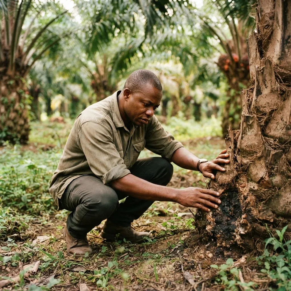 A field scout inspecting the base of an oil palm trunk for early Ganoderma symptoms