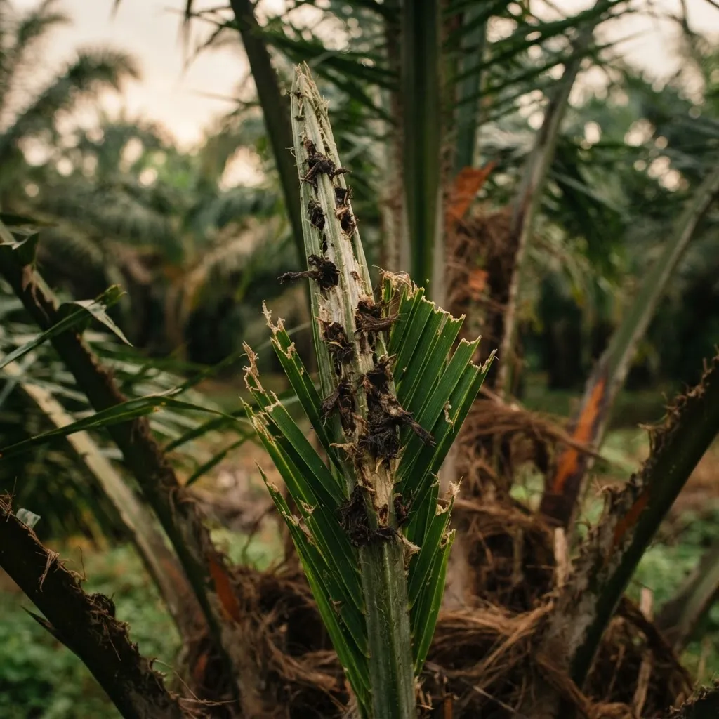 A red palm weevil on an oil palm trunk, the larvae hidden inside
