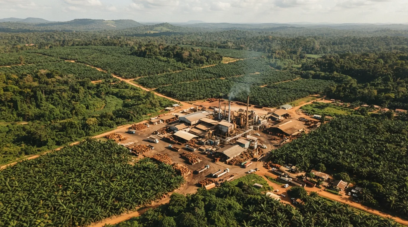 A mature oil palm estate in Ghana with rows of palms and a mill in the distance, representing the capital-heavy end of the chain
