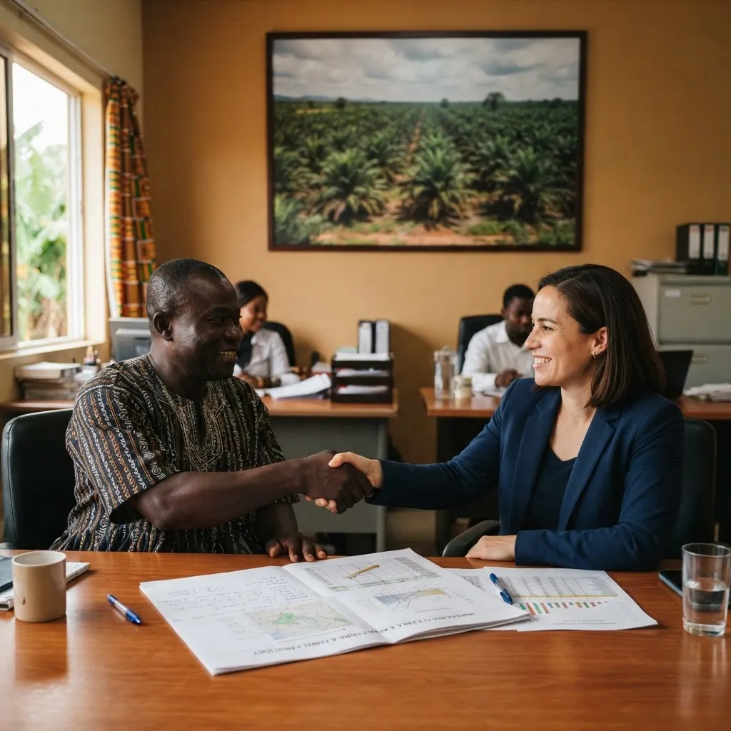 An agribusiness operator reviewing satellite maps and data on a laptop for an oil palm venture