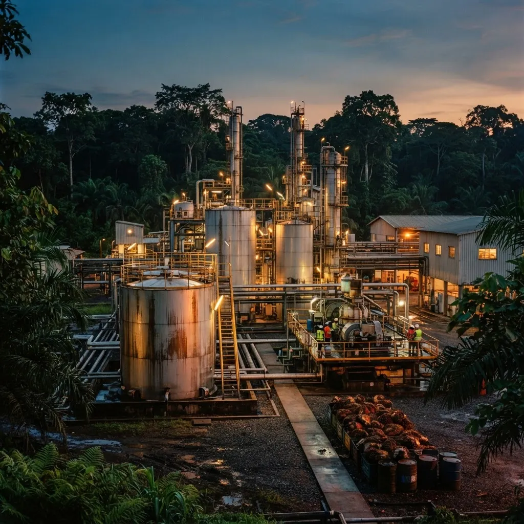 A modern palm oil refinery line in Ghana producing clean branded cooking oil for import substitution
