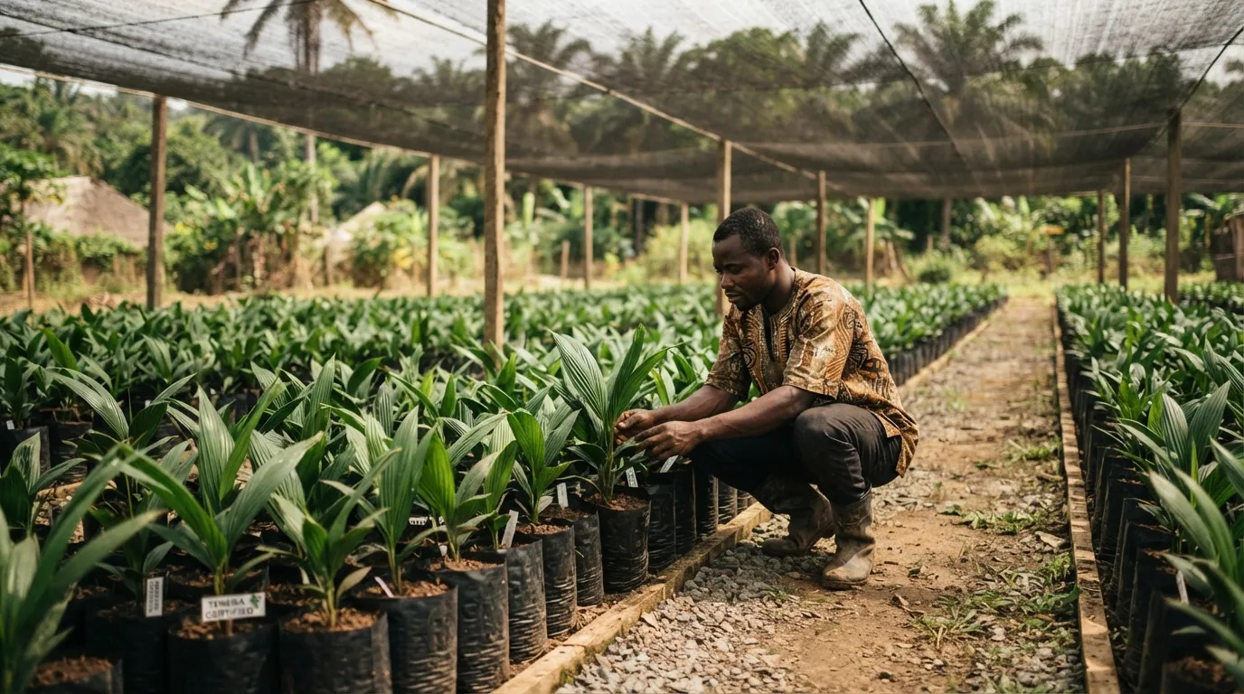 Certified Tenera oil palm seedlings in a nursery, southern Ghana forest belt