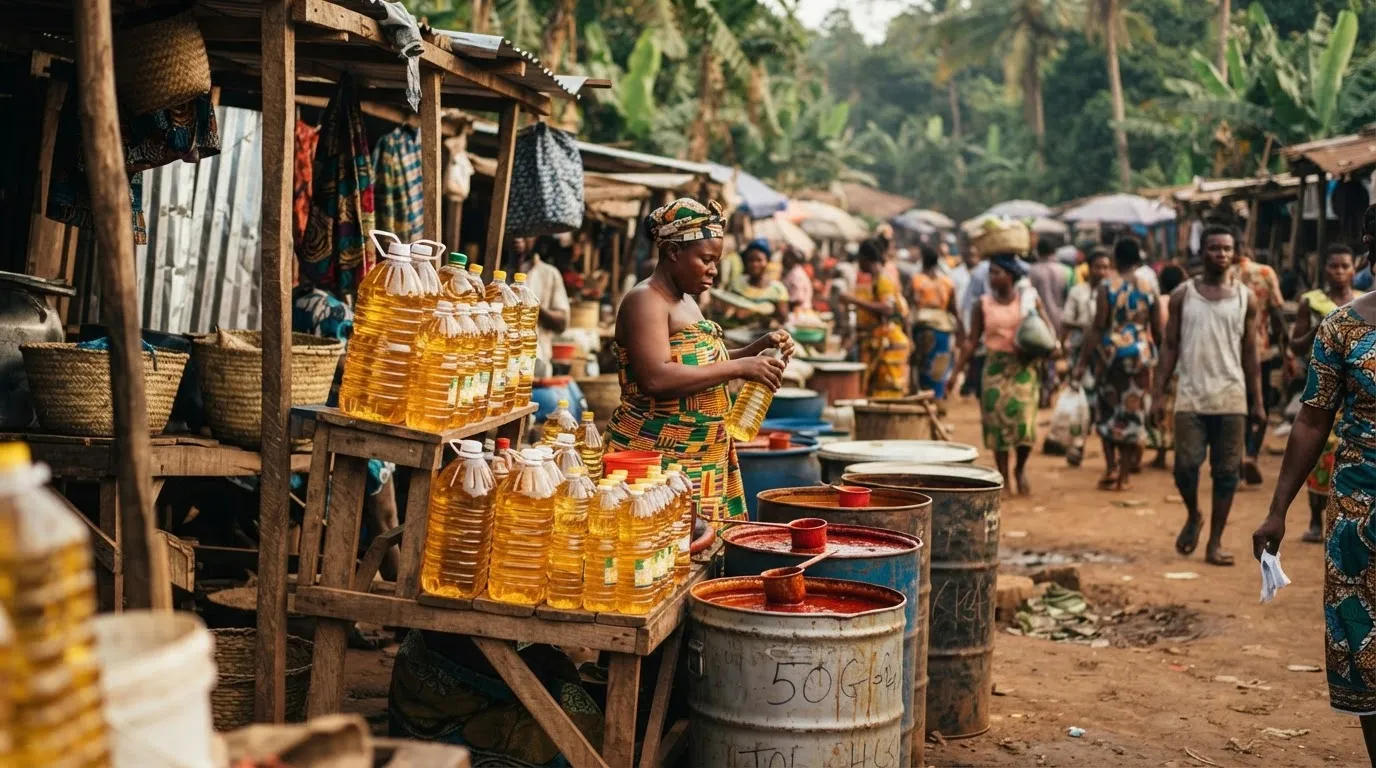 Drums of crude palm oil and bottled cooking oil at a Ghanaian market