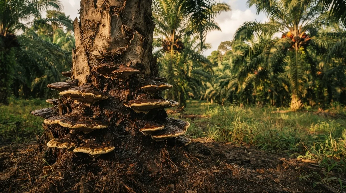 An oil palm trunk showing basal stem rot beside a healthy stand