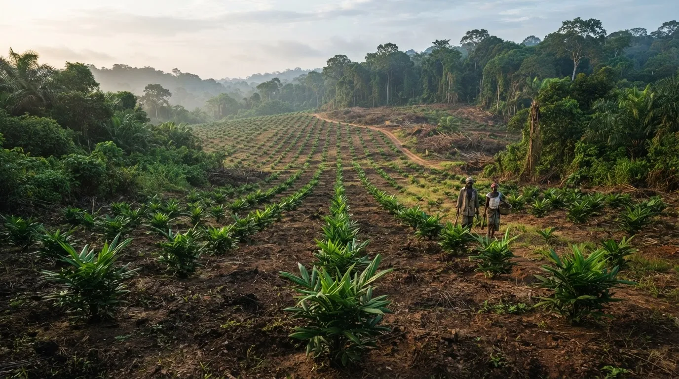 A well-spaced young oil palm plantation in triangular planting pattern