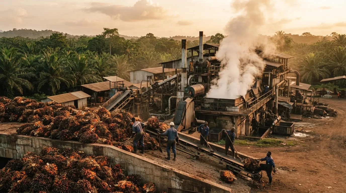 An industrial palm oil mill with fresh fruit bunches on the ramp