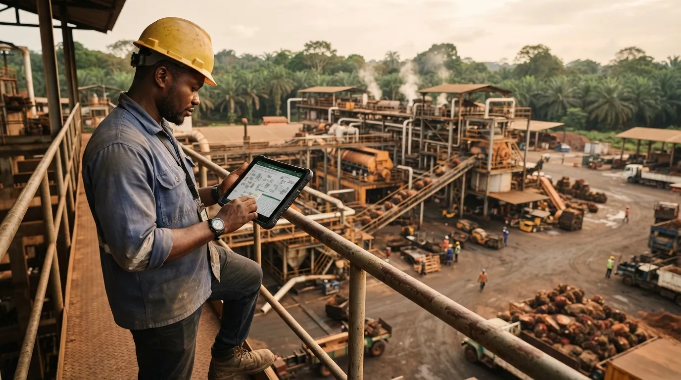 An agribusiness operator reviewing an oil palm milling and refining plan