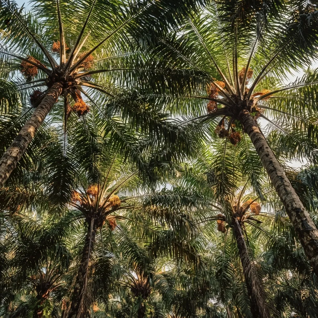 A mature oil palm plantation at full canopy, on the long plateau of the yield curve